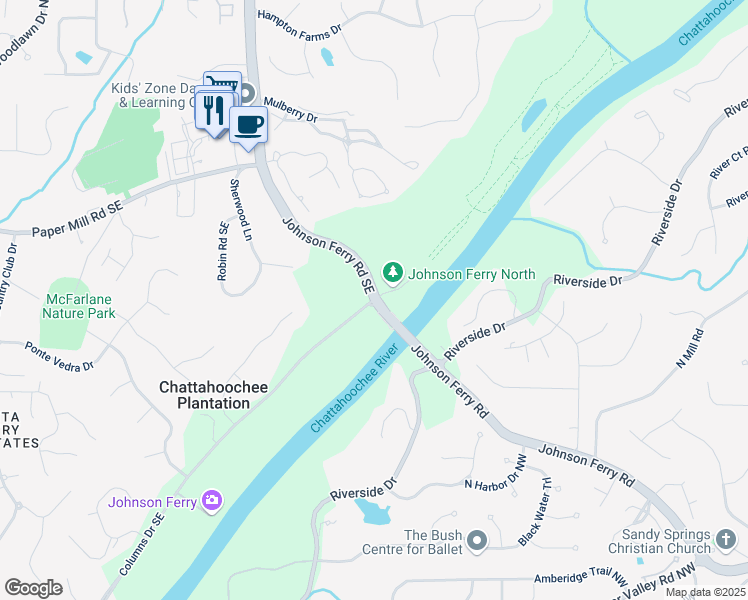 map of restaurants, bars, coffee shops, grocery stores, and more near Johnson Ferry Rd SE & Columns Dr SE in Marietta