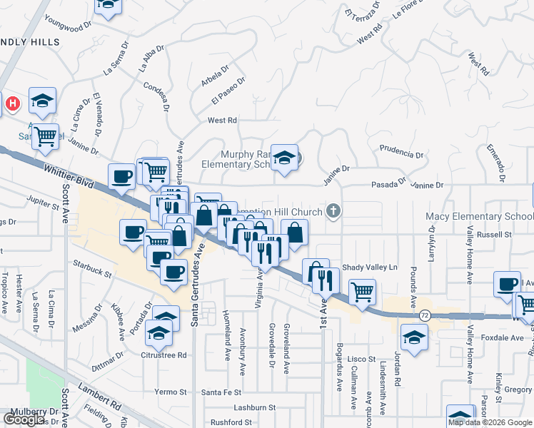 map of restaurants, bars, coffee shops, grocery stores, and more near 15983 Mikinda Court in Whittier