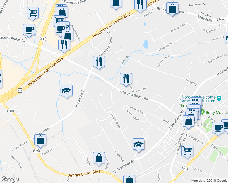 map of restaurants, bars, coffee shops, grocery stores, and more near 675 Holcomb Bridge Road in Norcross