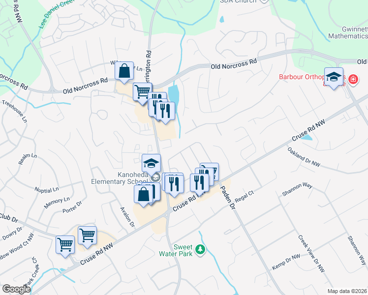 map of restaurants, bars, coffee shops, grocery stores, and more near 2840 Binghampton Ln in Lawrenceville
