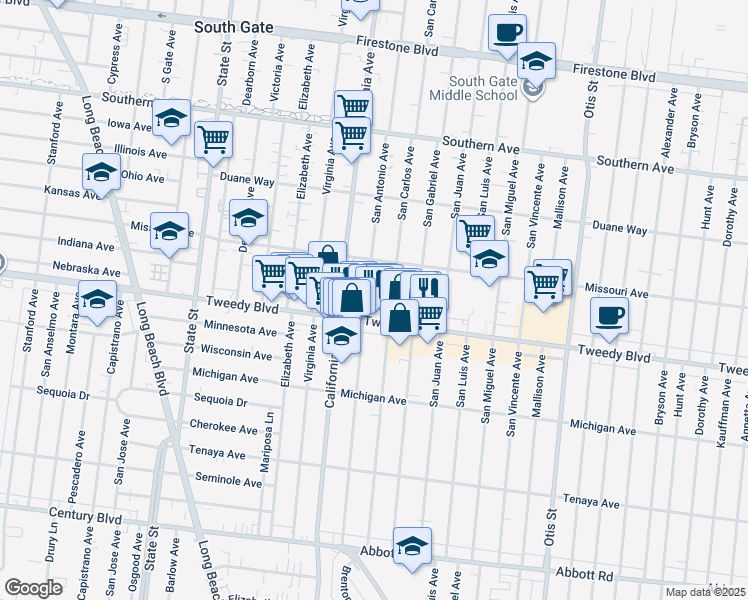 map of restaurants, bars, coffee shops, grocery stores, and more near 9828 San Antonio Avenue in South Gate