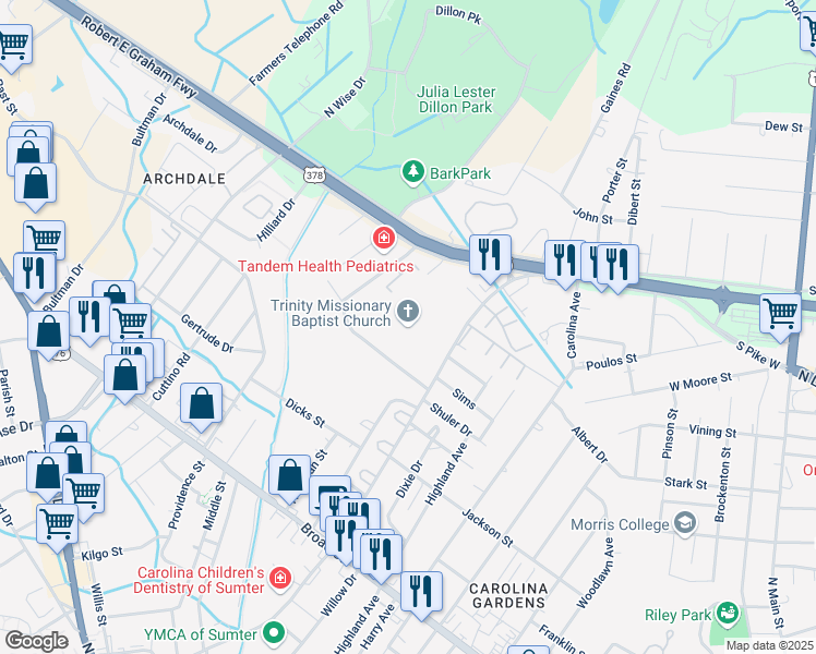 map of restaurants, bars, coffee shops, grocery stores, and more near 315 Wall Street in Sumter