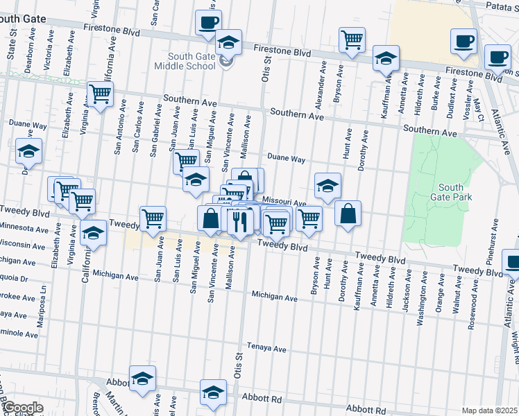 map of restaurants, bars, coffee shops, grocery stores, and more near 9722 Otis Street in South Gate