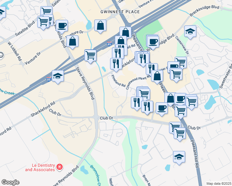 map of restaurants, bars, coffee shops, grocery stores, and more near 3805 Crestwood Parkway in Duluth