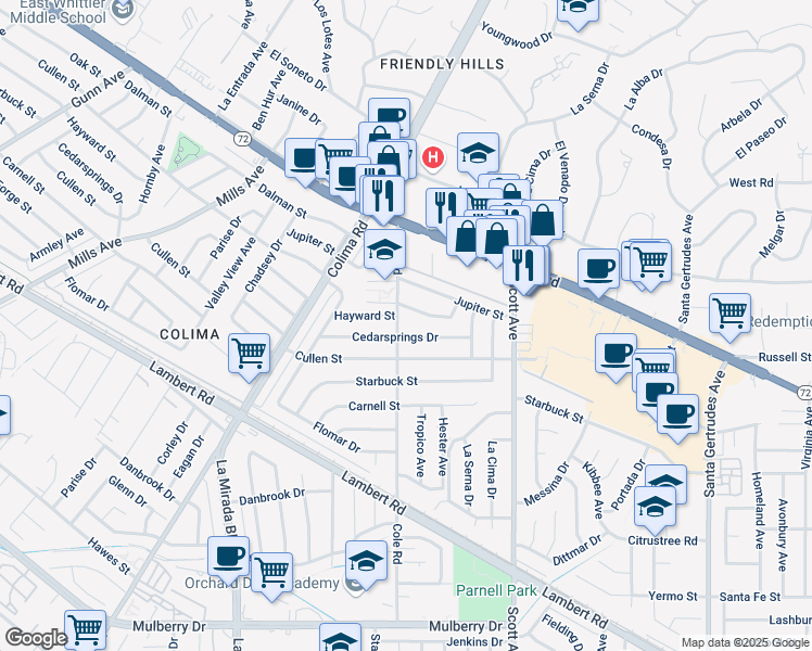 map of restaurants, bars, coffee shops, grocery stores, and more near 10022 Cole Road in Whittier
