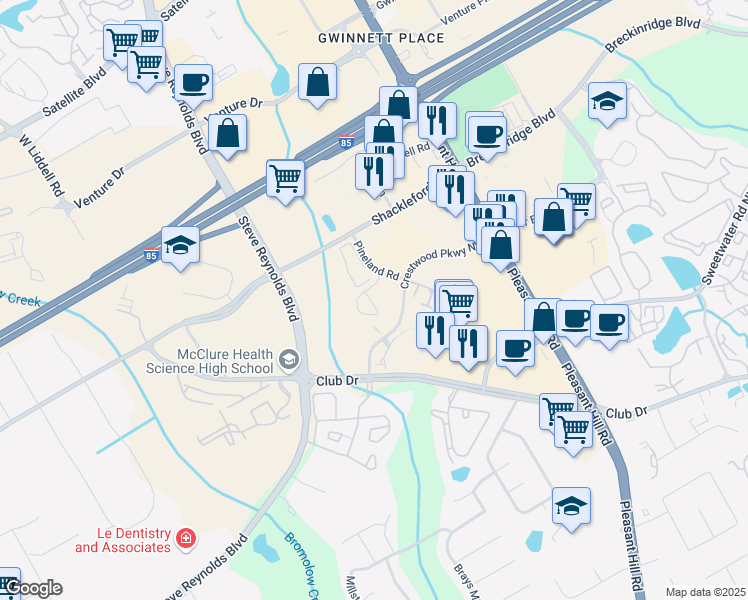 map of restaurants, bars, coffee shops, grocery stores, and more near 3805 Crestwood Parkway in Duluth