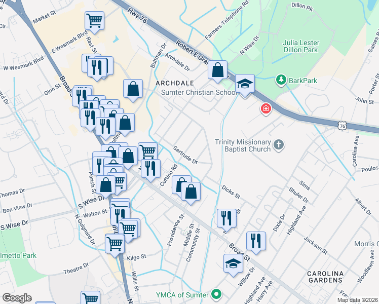 map of restaurants, bars, coffee shops, grocery stores, and more near 205 Cuttino Road in Sumter