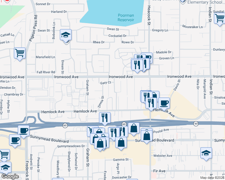 map of restaurants, bars, coffee shops, grocery stores, and more near 12077 Swegles Lane in Moreno Valley