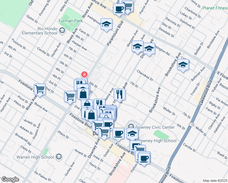 map of restaurants, bars, coffee shops, grocery stores, and more near 10715 New Street in Downey