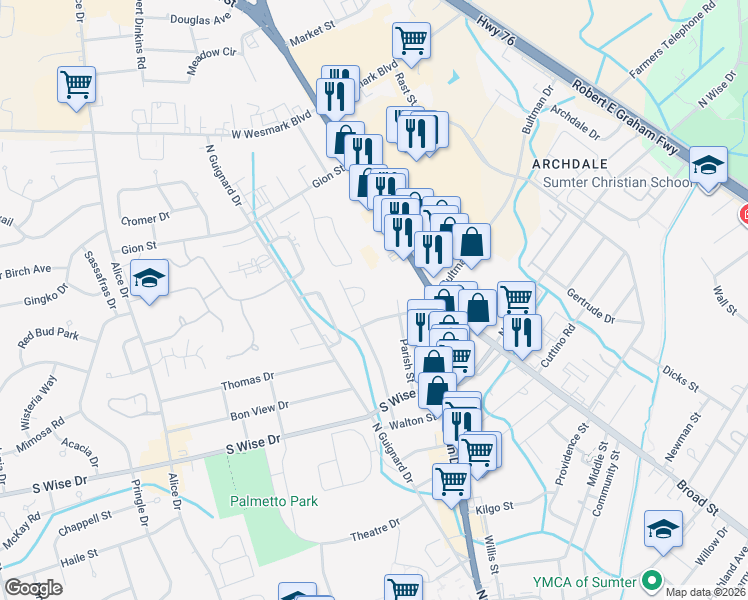 map of restaurants, bars, coffee shops, grocery stores, and more near 106 Parish St in Sumter