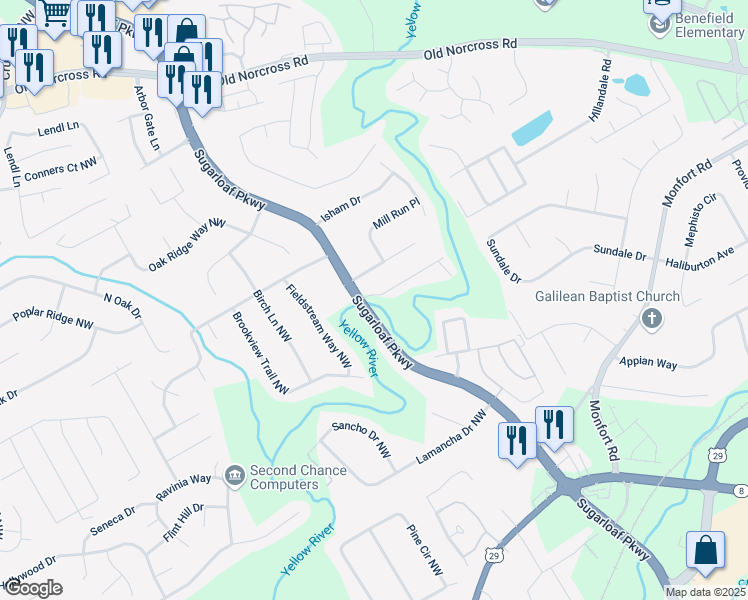 map of restaurants, bars, coffee shops, grocery stores, and more near 819 Sugarloaf Parkway in Lawrenceville