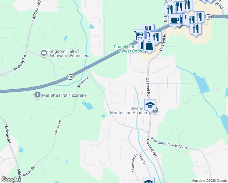 map of restaurants, bars, coffee shops, grocery stores, and more near 3794 Skyland Court Southwest in Marietta