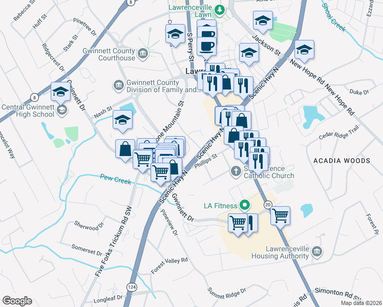 map of restaurants, bars, coffee shops, grocery stores, and more near 219 Scenic Highway South in Lawrenceville