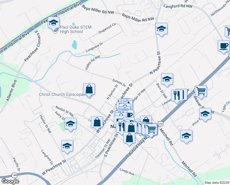map of restaurants, bars, coffee shops, grocery stores, and more near 110 North Barton Street in Norcross
