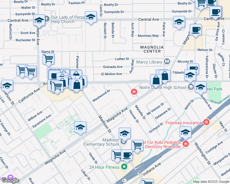 map of restaurants, bars, coffee shops, grocery stores, and more near 7328 Westwood Drive in Riverside