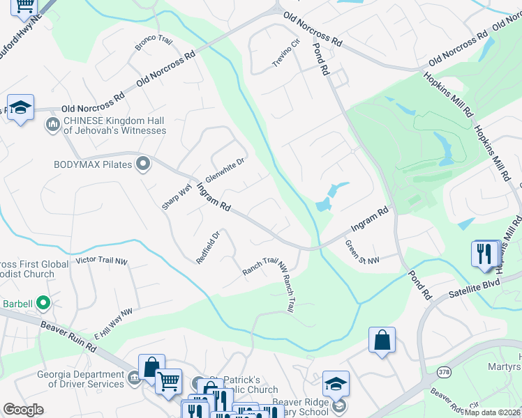 map of restaurants, bars, coffee shops, grocery stores, and more near 4886 Royal Drive Northwest in Duluth