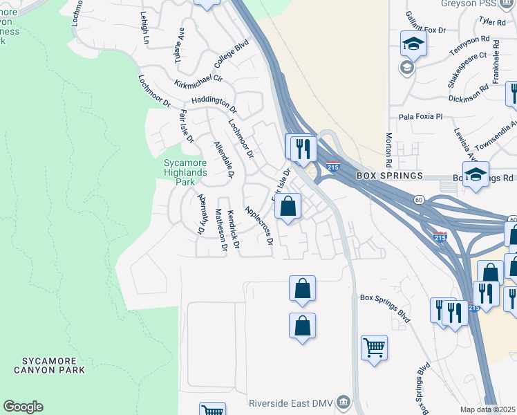 map of restaurants, bars, coffee shops, grocery stores, and more near 5935 Thornhill Drive in Riverside