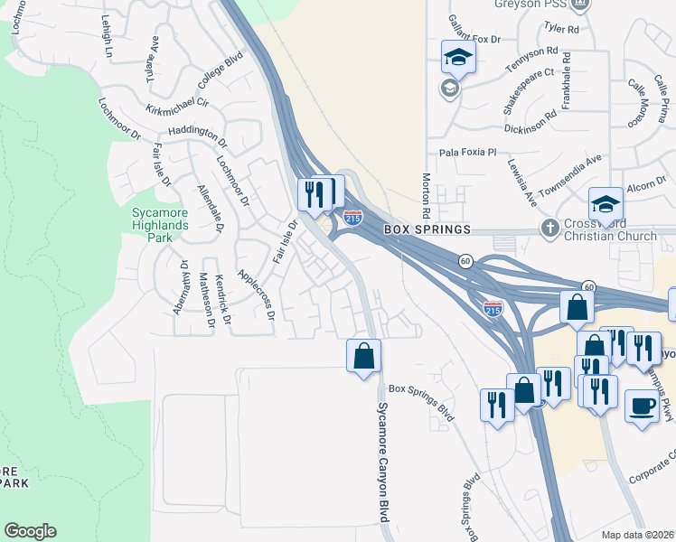 map of restaurants, bars, coffee shops, grocery stores, and more near 5880 Lochmoor Drive in Riverside