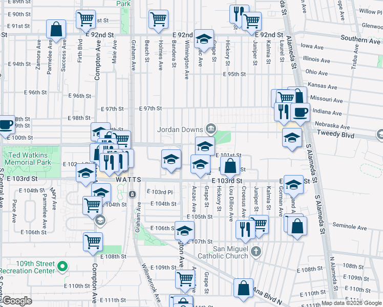 map of restaurants, bars, coffee shops, grocery stores, and more near 10022 Anzac Avenue in Los Angeles