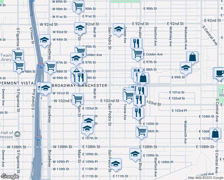 map of restaurants, bars, coffee shops, grocery stores, and more near 10016 San Pedro Street in Los Angeles
