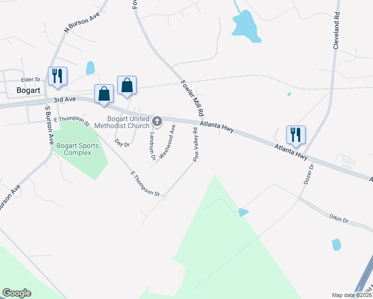 map of restaurants, bars, coffee shops, grocery stores, and more near 155 Westwood Avenue in Bogart