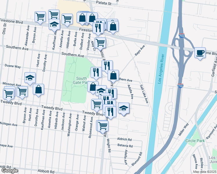 map of restaurants, bars, coffee shops, grocery stores, and more near 9604 Pinehurst Avenue in South Gate
