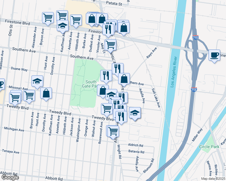 map of restaurants, bars, coffee shops, grocery stores, and more near 9604 Pinehurst Avenue in South Gate