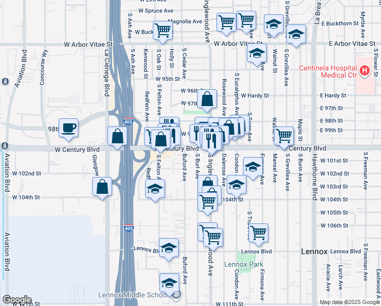 map of restaurants, bars, coffee shops, grocery stores, and more near 4858 West Century Boulevard in Inglewood