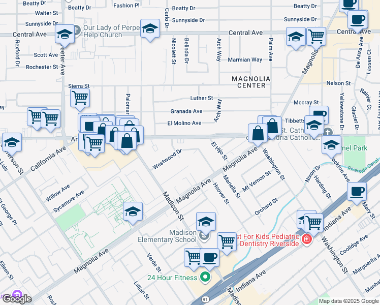 map of restaurants, bars, coffee shops, grocery stores, and more near 7328 Westwood Drive in Riverside