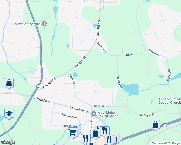 map of restaurants, bars, coffee shops, grocery stores, and more near 524 Antioch Road in Dallas