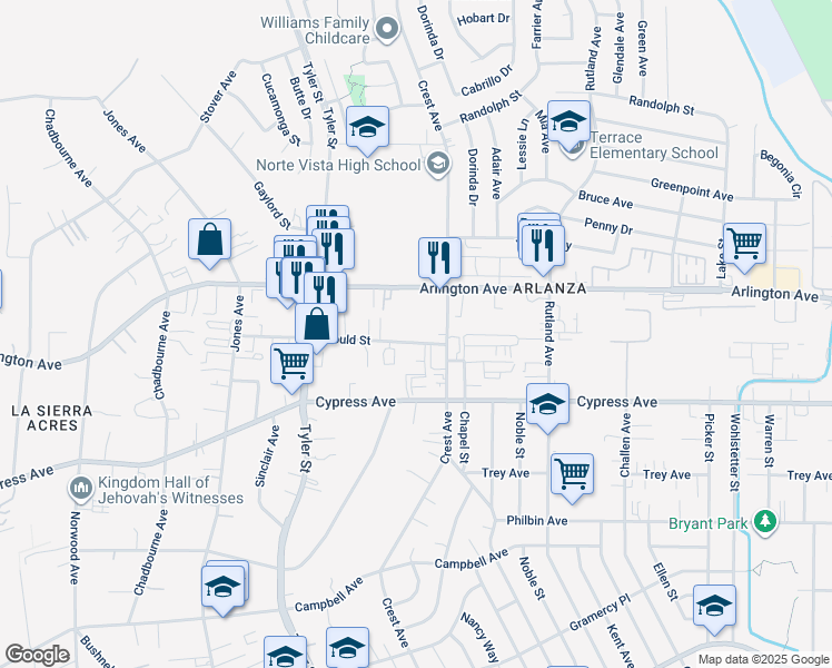 map of restaurants, bars, coffee shops, grocery stores, and more near 10073 Gould Street in Riverside