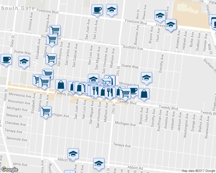 map of restaurants, bars, coffee shops, grocery stores, and more near 9725 Mallison Avenue in South Gate
