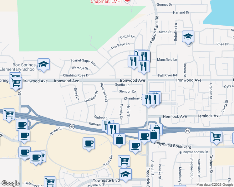 map of restaurants, bars, coffee shops, grocery stores, and more near 22767 Glendon Drive in Moreno Valley