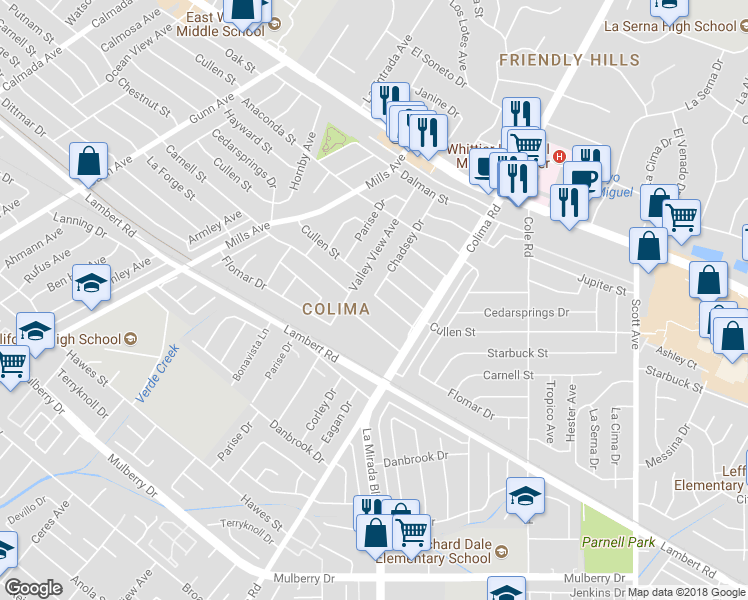 map of restaurants, bars, coffee shops, grocery stores, and more near 14806 Starbuck Street in Whittier
