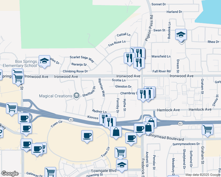 map of restaurants, bars, coffee shops, grocery stores, and more near 22743 Glendon Drive in Moreno Valley