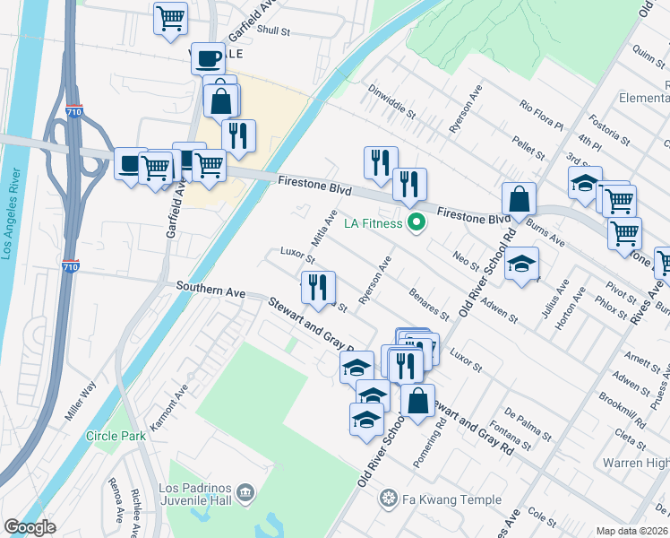 map of restaurants, bars, coffee shops, grocery stores, and more near 7139 Luxor Street in Downey