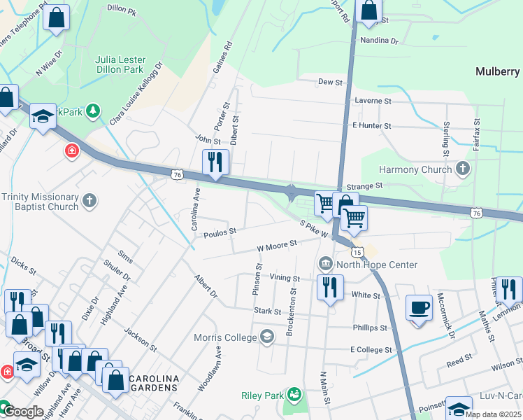 map of restaurants, bars, coffee shops, grocery stores, and more near 170 Roxbury Court in Sumter