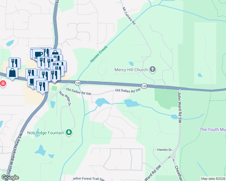 map of restaurants, bars, coffee shops, grocery stores, and more near 2125 Old Dallas Road Southwest in Marietta