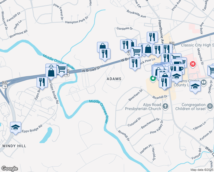 map of restaurants, bars, coffee shops, grocery stores, and more near 120 Dell Avenue in Athens