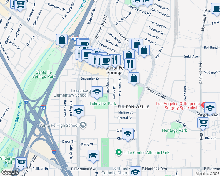 map of restaurants, bars, coffee shops, grocery stores, and more near 10138 Jersey Avenue in Santa Fe Springs