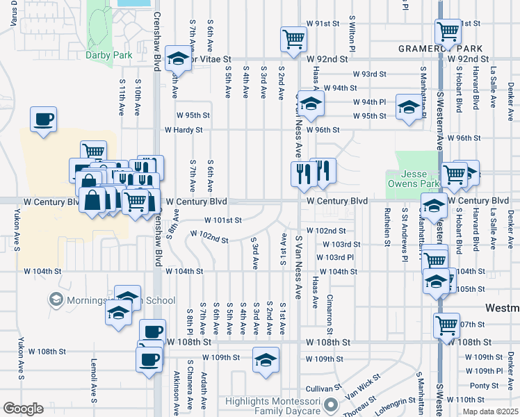 map of restaurants, bars, coffee shops, grocery stores, and more near 2405 West 101st Street in Inglewood