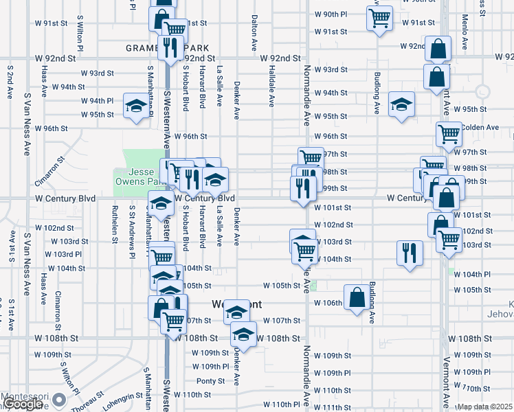 map of restaurants, bars, coffee shops, grocery stores, and more near 1511 1/2 West 101st Street in Los Angeles