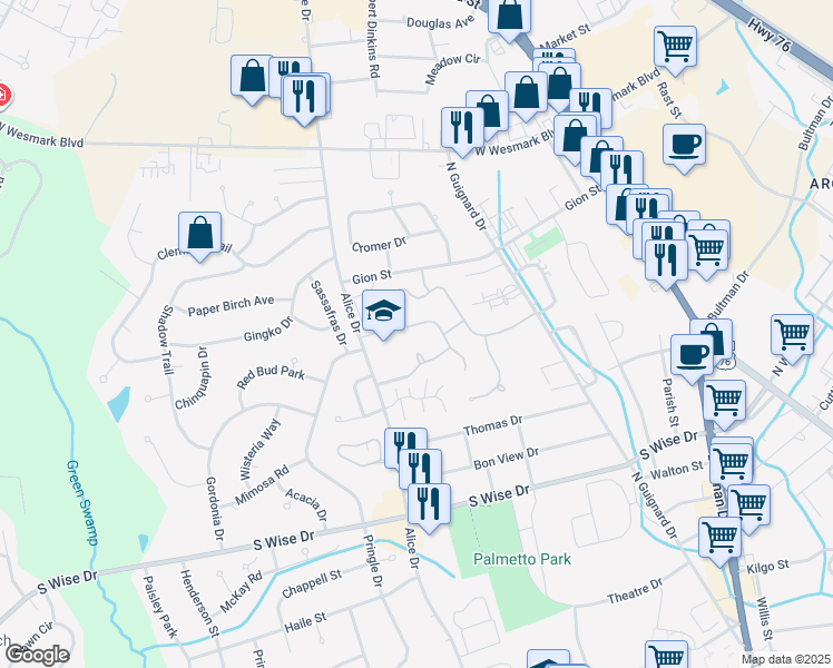 map of restaurants, bars, coffee shops, grocery stores, and more near 1050 Arnaud Street in Sumter