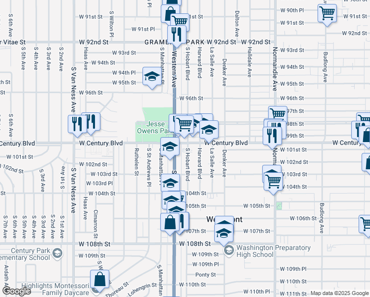 map of restaurants, bars, coffee shops, grocery stores, and more near 10009 South Hobart Boulevard in Los Angeles