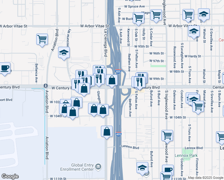 map of restaurants, bars, coffee shops, grocery stores, and more near 5156 West Century Boulevard in Lennox