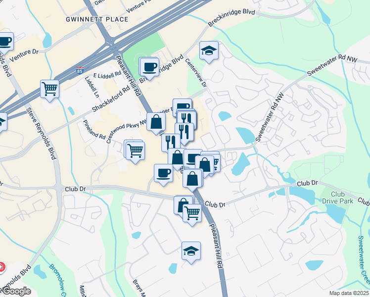 map of restaurants, bars, coffee shops, grocery stores, and more near 1600 Pleasant Hill Road in Duluth