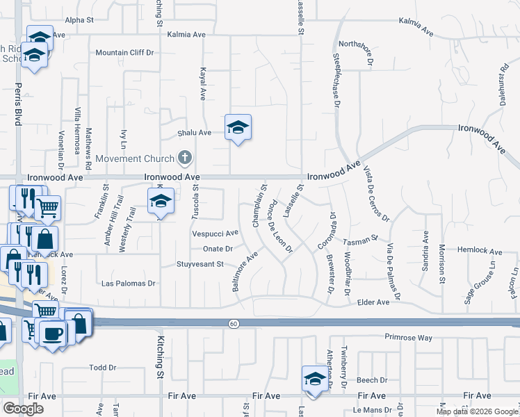 map of restaurants, bars, coffee shops, grocery stores, and more near 12110 Champlain Street in Moreno Valley