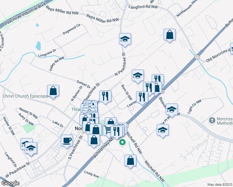 map of restaurants, bars, coffee shops, grocery stores, and more near 435 Webb Drive Northwest in Norcross