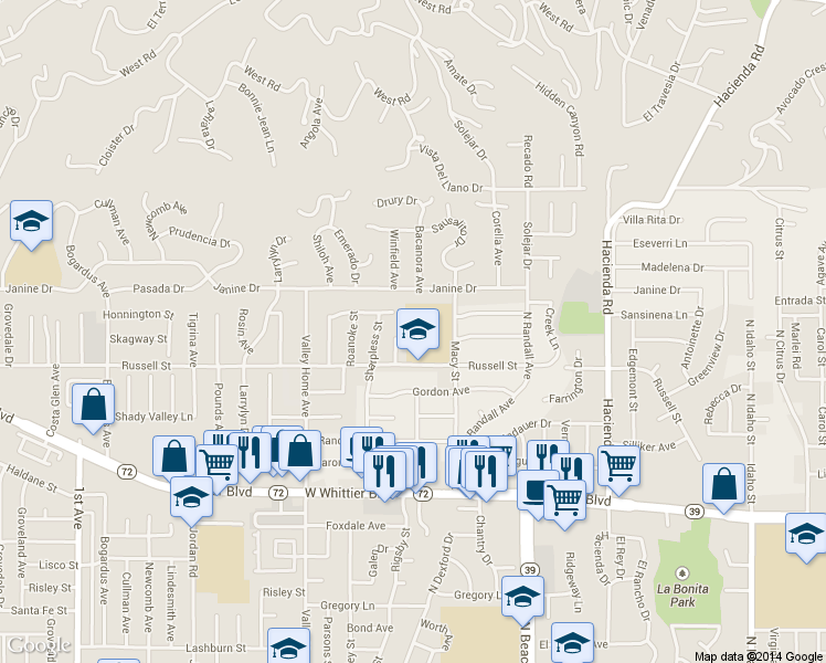 map of restaurants, bars, coffee shops, grocery stores, and more near 2301 Russell St in Santa Ana