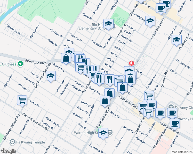 map of restaurants, bars, coffee shops, grocery stores, and more near 7811 Firestone Boulevard in Downey